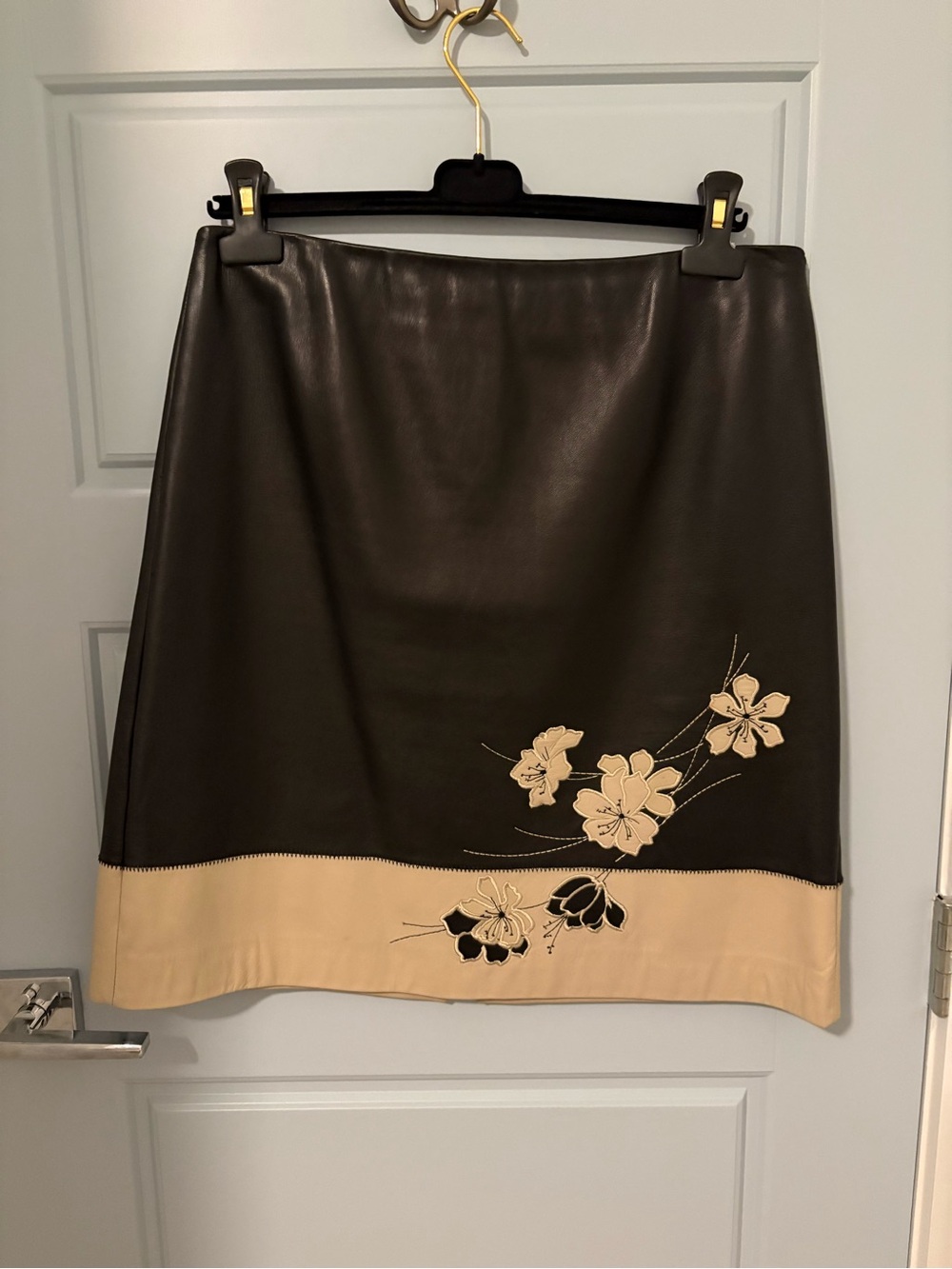 Women's Black Vintage Leather A-Line Skirt with Cream Floral Hem